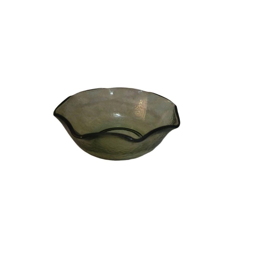 Translucent Green Grey Glass Bowl Wavy Rim Textured Finish Decor